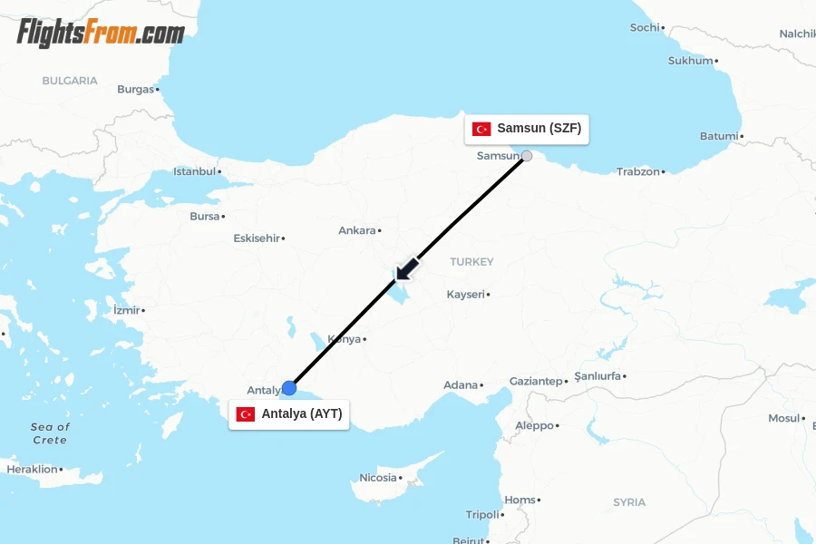 Flights from Samsun to Antalya route map