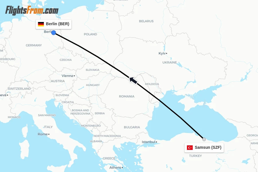 Flights from Samsun to Berlin route map