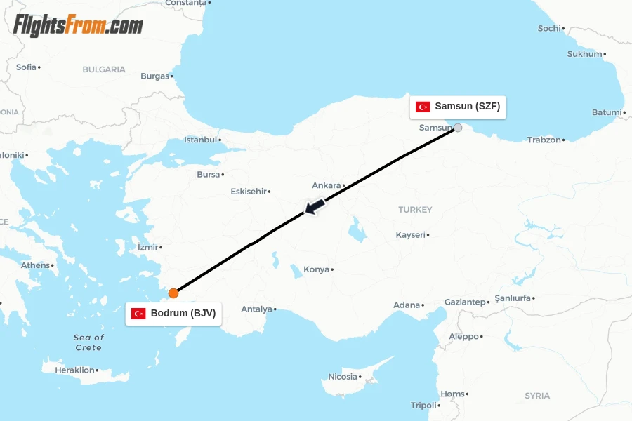 Flights from Samsun to Bodrum route map