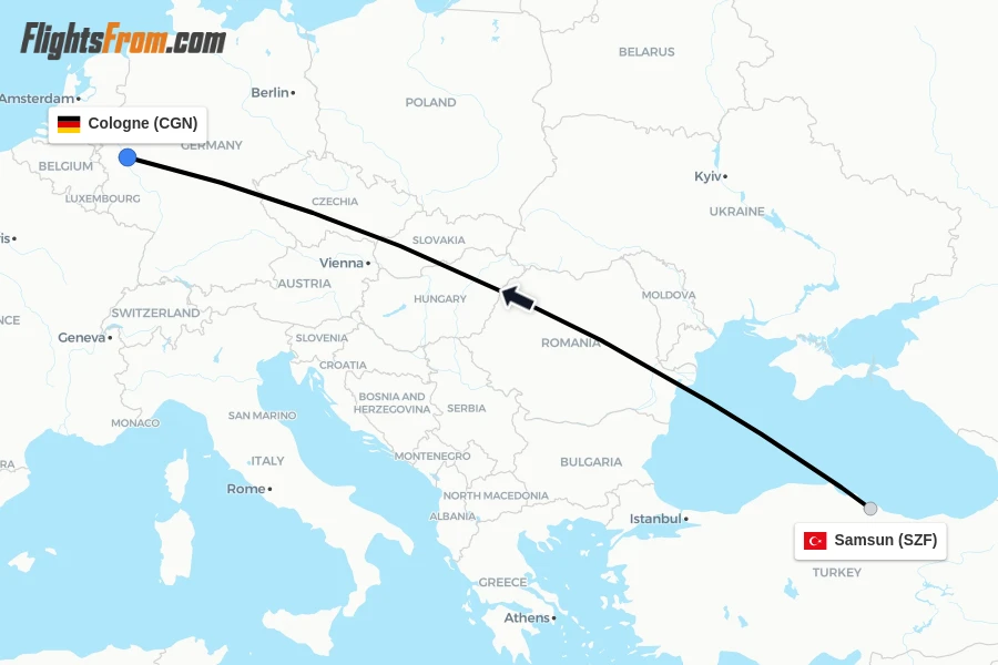 Flights from Samsun to Cologne route map