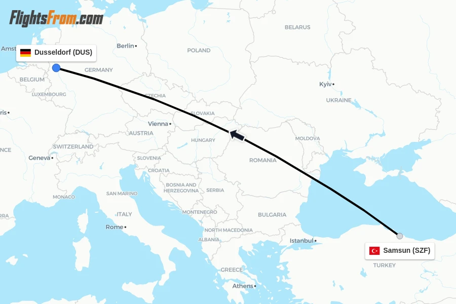 Flights from Samsun to Dusseldorf route map