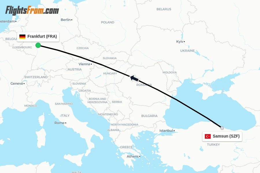Flights from Samsun to Frankfurt route map
