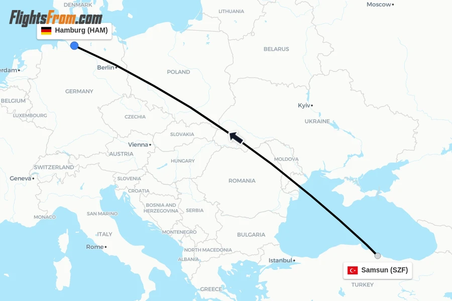 Flights from Samsun to Hamburg route map