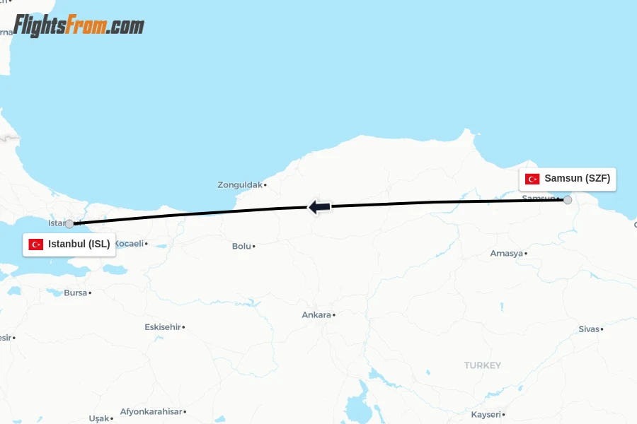Flights from Samsun to Istanbul route map
