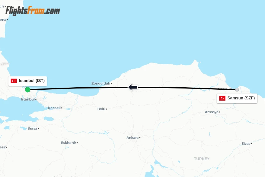 Flights from Samsun to Istanbul route map