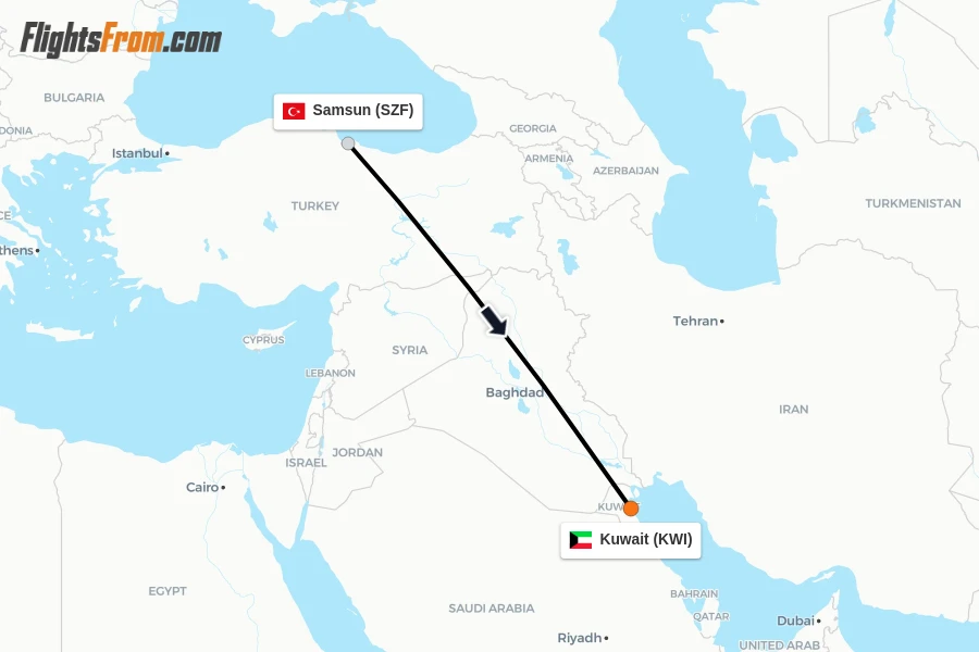 Flights from Samsun to Kuwait route map