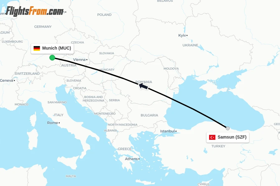 Flights from Samsun to Munich route map
