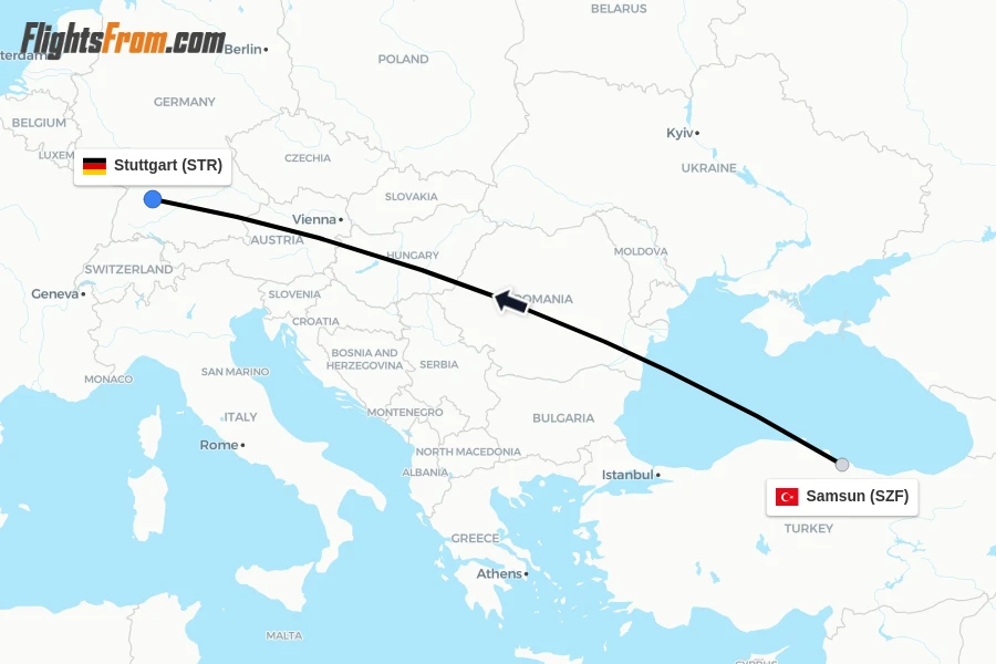 Flights from Samsun to Stuttgart route map