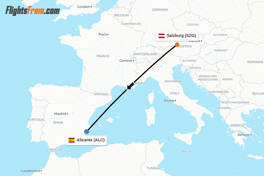 Flights from Salzburg to Alicante route map