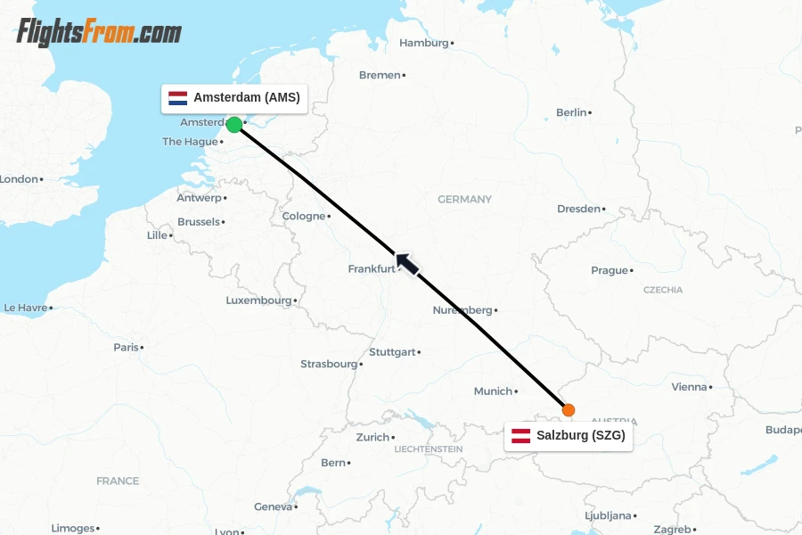 Flights from Salzburg to Amsterdam route map