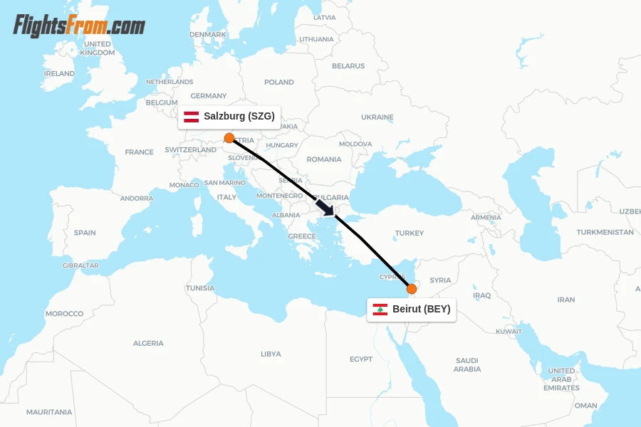 Flights from Salzburg to Beirut route map