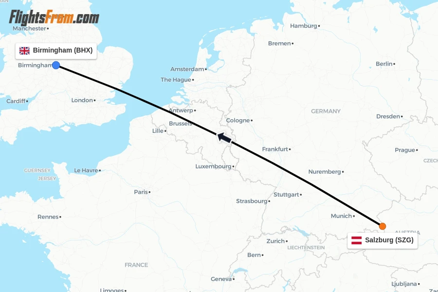 Flights from Salzburg to Birmingham route map