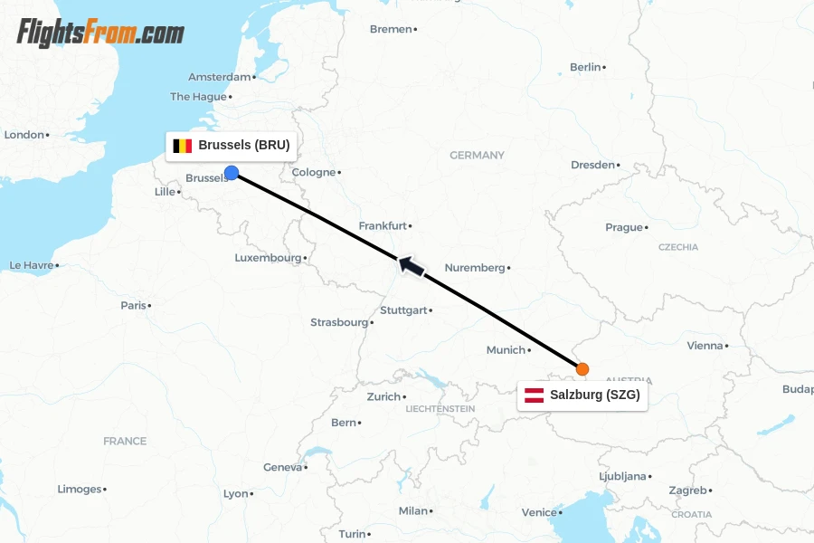Flights from Salzburg to Brussels route map
