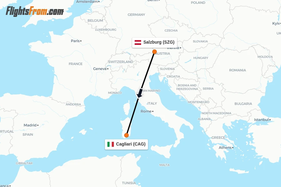 Flights from Salzburg to Cagliari route map