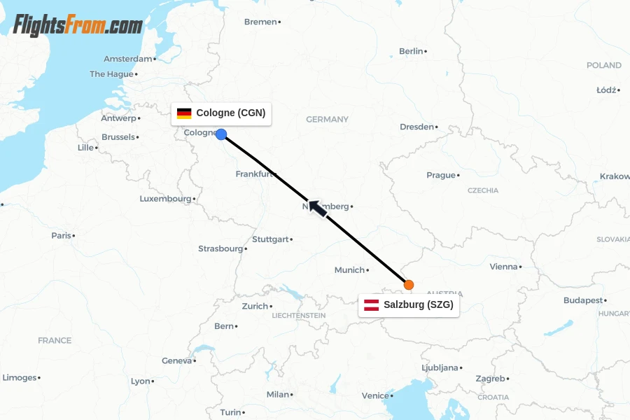Flights from Salzburg to Cologne route map
