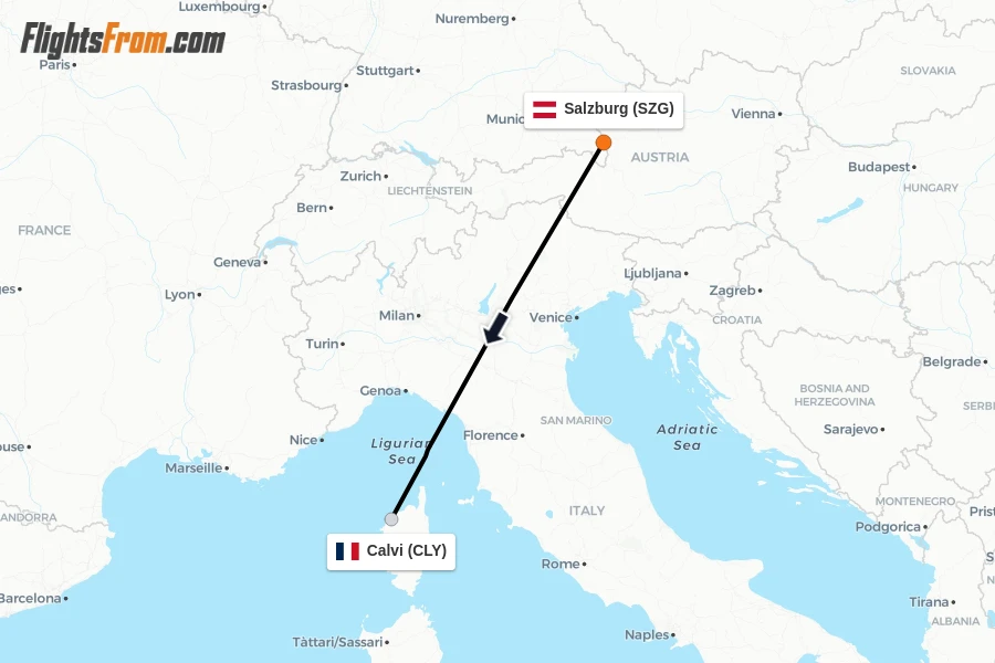 Flights from Salzburg to Calvi route map