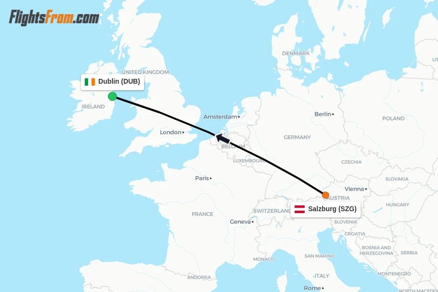Flights from Salzburg to Dublin route map