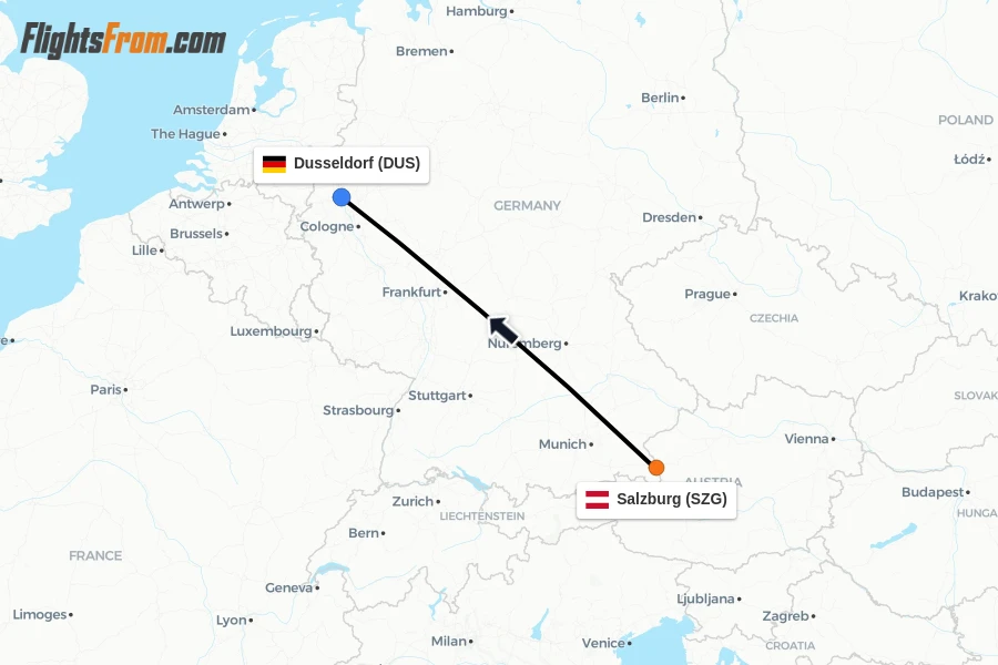 Flights from Salzburg to Dusseldorf route map