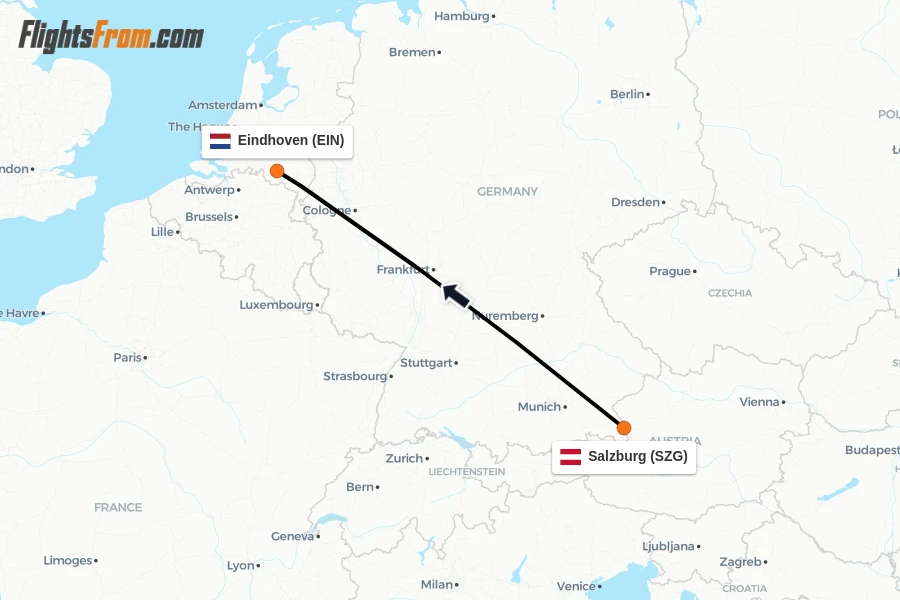 Flights from Salzburg to Eindhoven route map