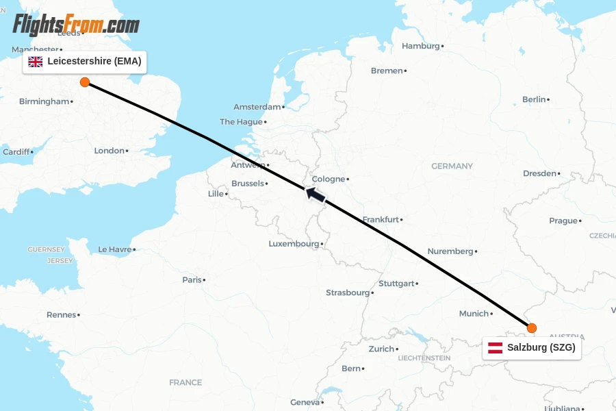 Flights from Salzburg to Leicestershire route map