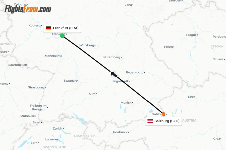 Flights from Salzburg to Frankfurt route map