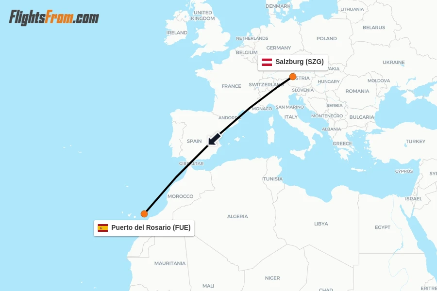 Flights from Salzburg to Puerto del Rosario route map