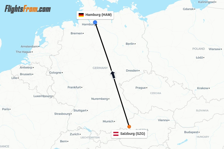Flights from Salzburg to Hamburg route map