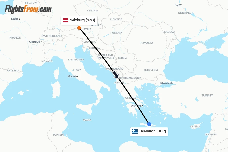 Flights from Salzburg to Heraklion route map