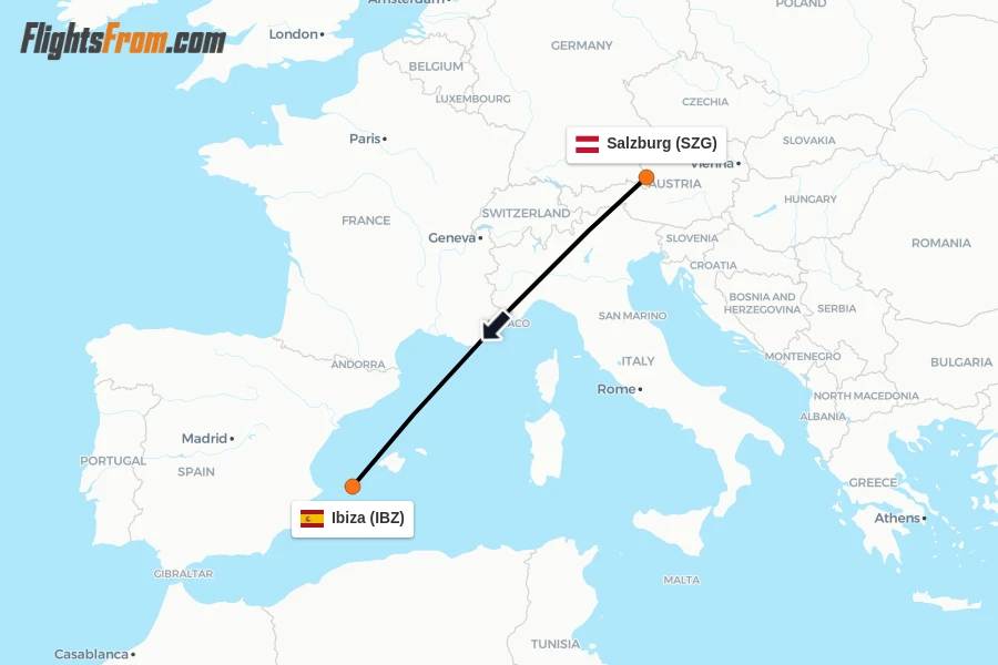Flights from Salzburg to Ibiza route map