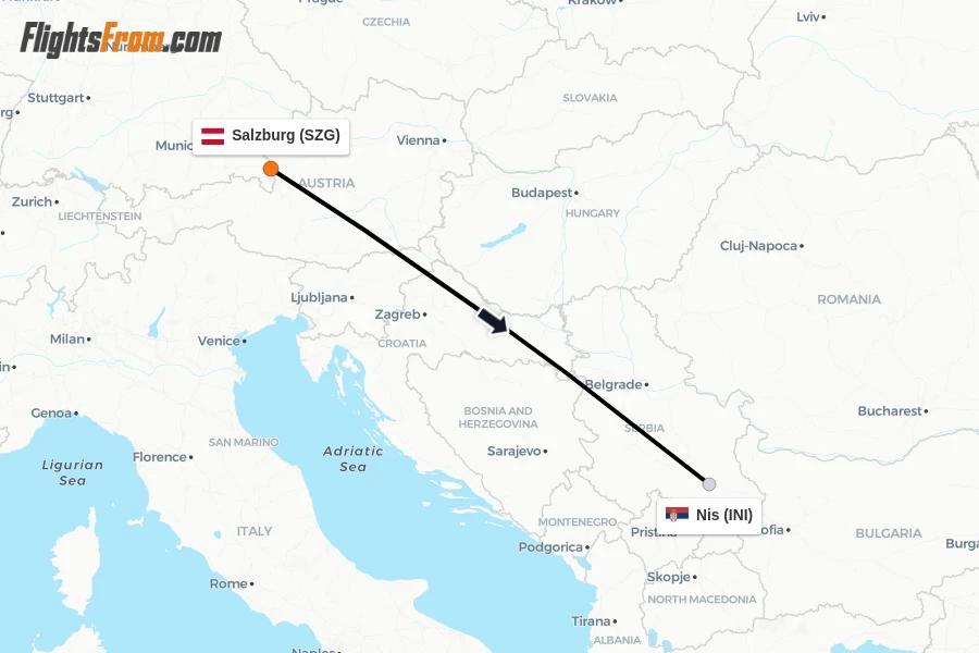 Flights from Salzburg to Nis route map