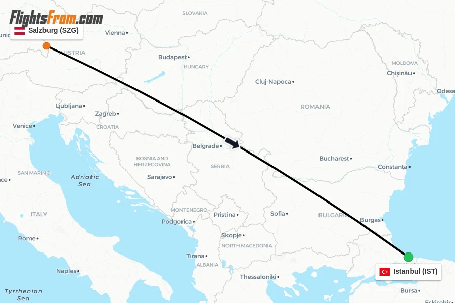 Flights from Salzburg to Istanbul route map