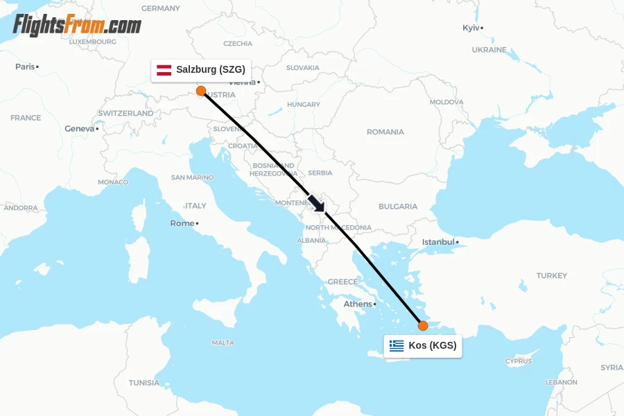 Flights from Salzburg to Kos route map