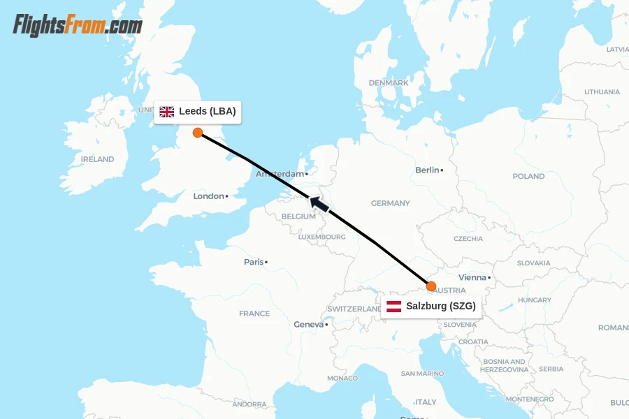 Flights from Salzburg to Leeds route map