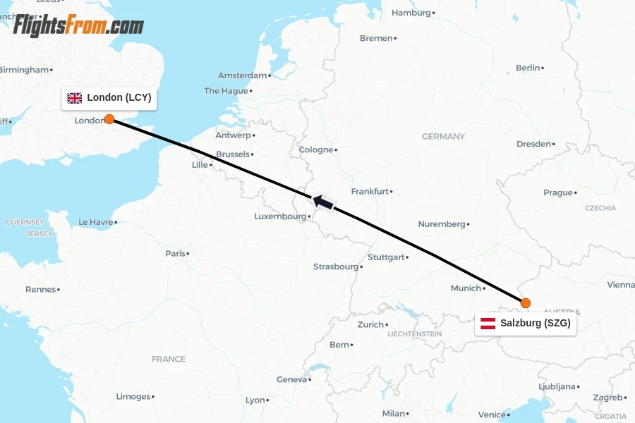 Flights from Salzburg to London route map