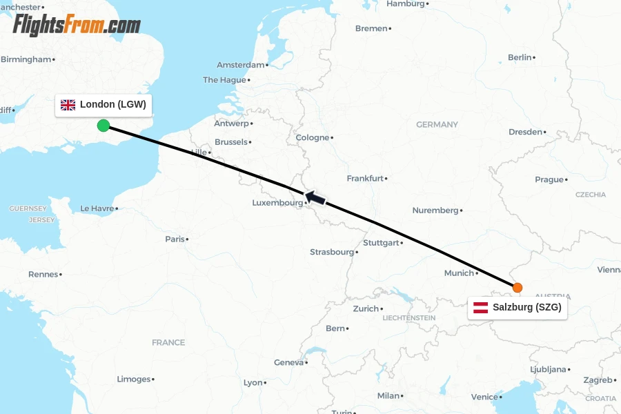 Flights from Salzburg to London route map