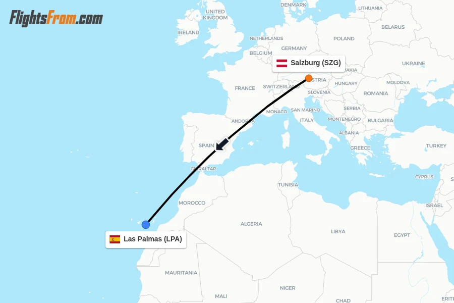 Flights from Salzburg to Las Palmas route map