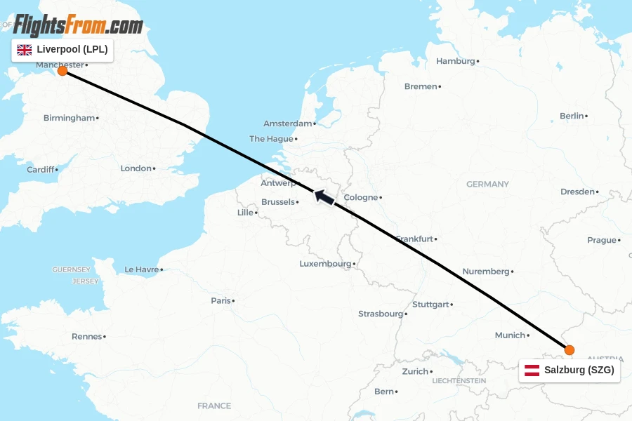 Flights from Salzburg to Liverpool route map