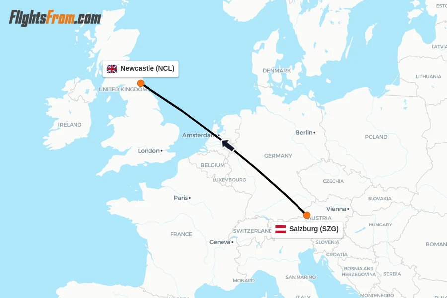 Flights from Salzburg to Newcastle route map
