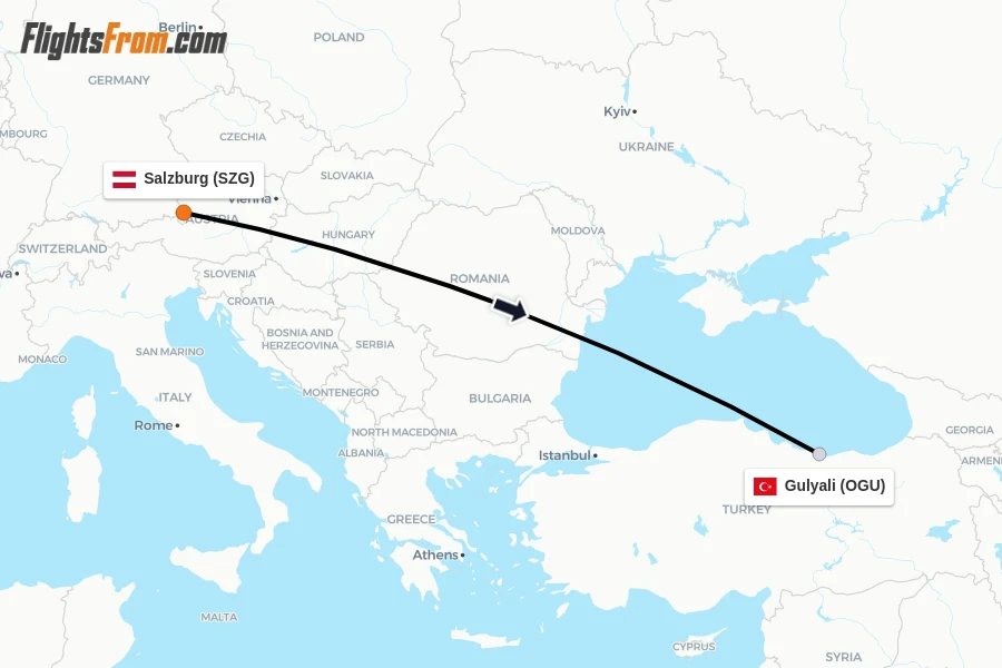 Flights from Salzburg to Gulyali route map