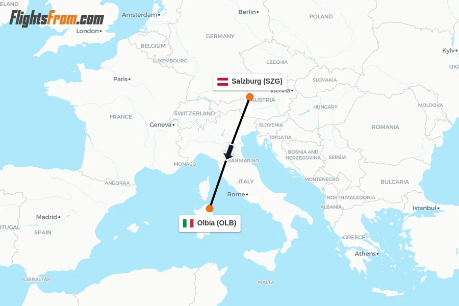 Flights from Salzburg to Olbia route map