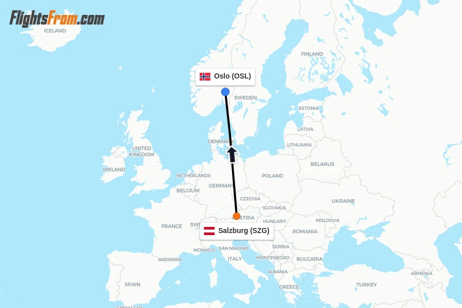 Flights from Salzburg to Oslo route map