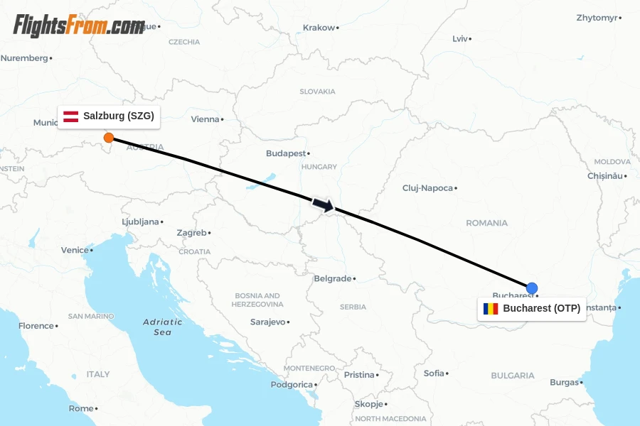 Flights from Salzburg to Bucharest route map
