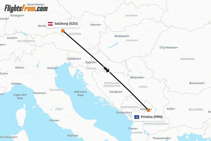 Flights from Salzburg to Pristina route map