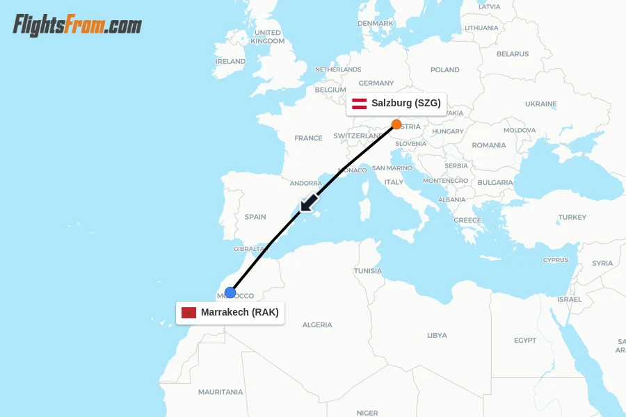 Flights from Salzburg to Marrakech route map