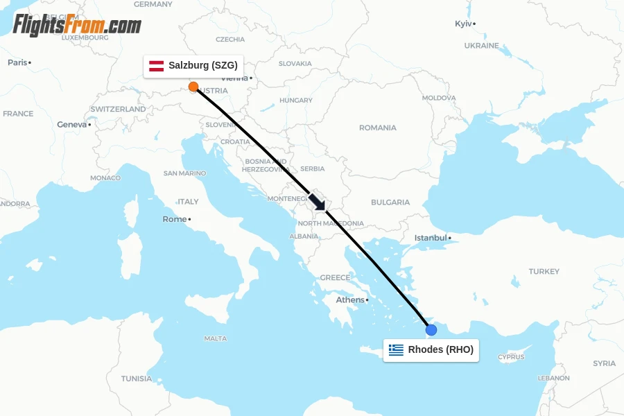 Flights from Salzburg to Rhodes route map