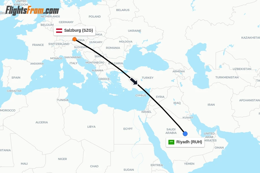 Flights from Salzburg to Riyadh route map