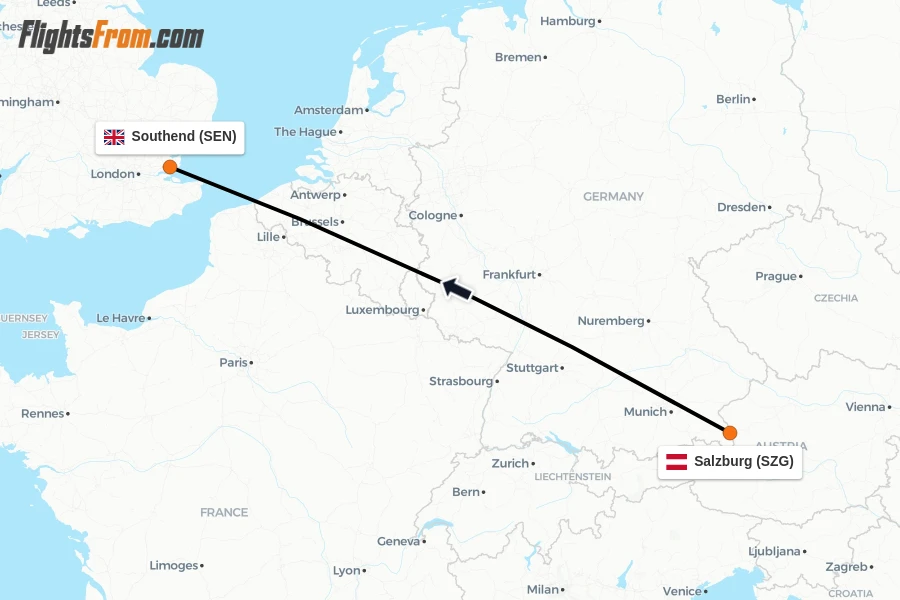 Flights from Salzburg to Southend route map
