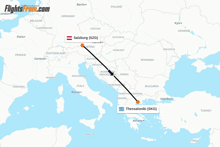 Flights from Salzburg to Thessaloniki route map