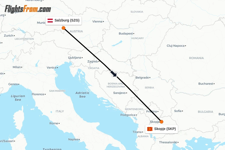 Flights from Salzburg to Skopje route map