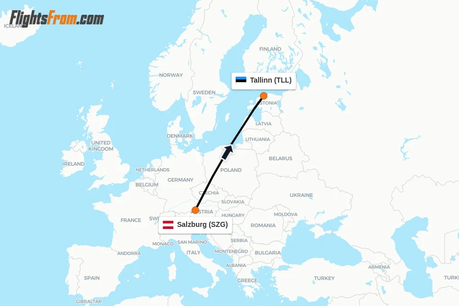 Flights from Salzburg to Tallinn route map